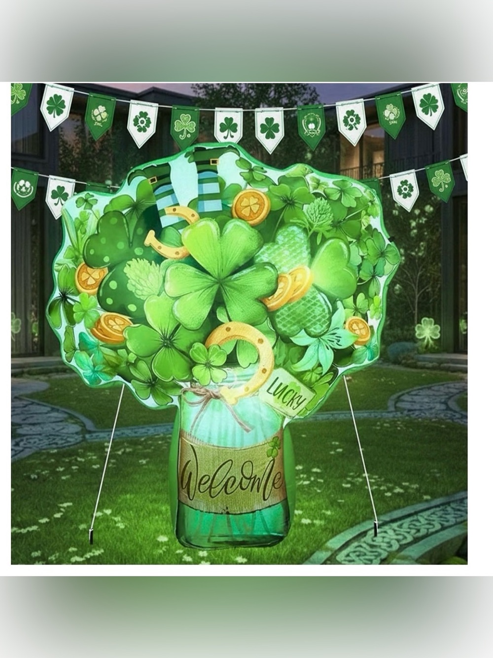 New- Lucky Brand Green Shamrock Bouquet Yard Welcome Sign